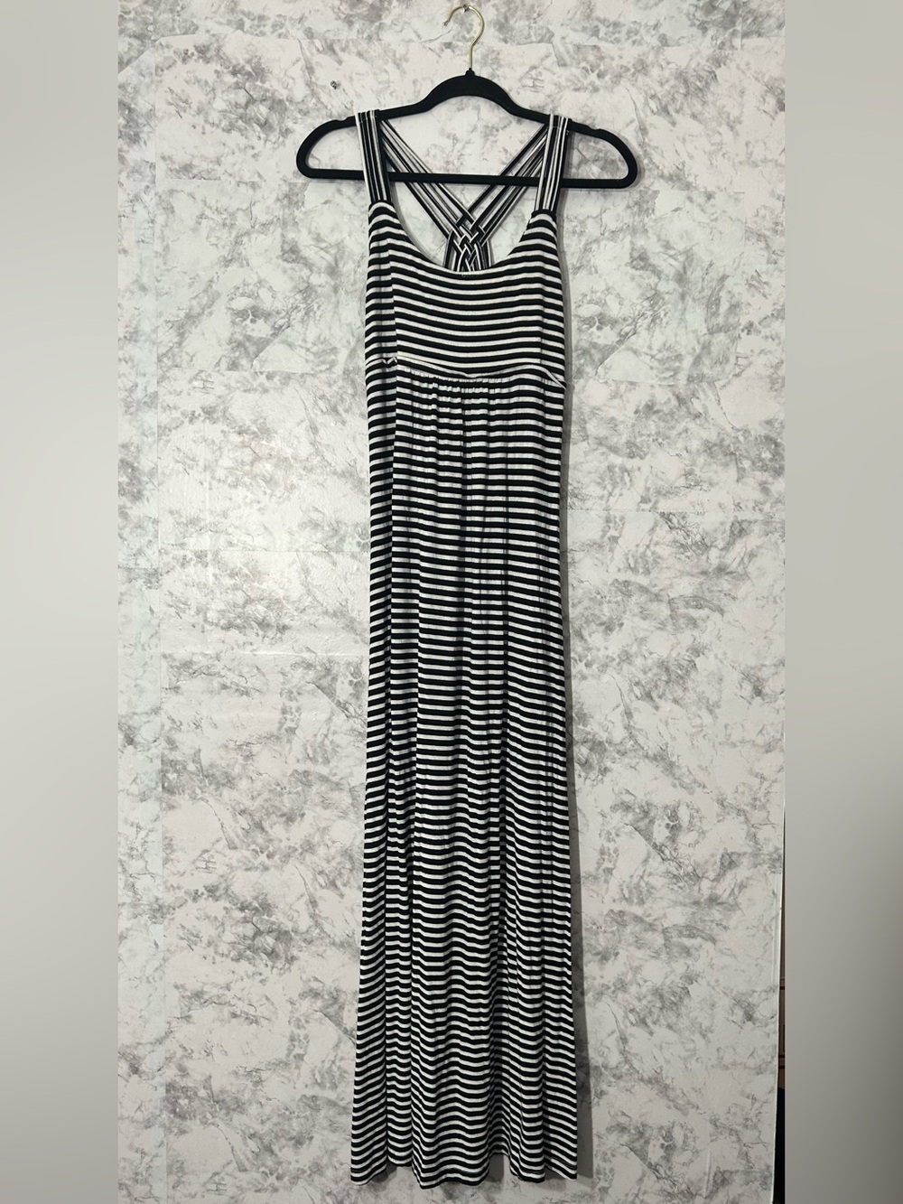 Calvin Klein Black and White Striped Maxi Dress with Crisscross Back
59